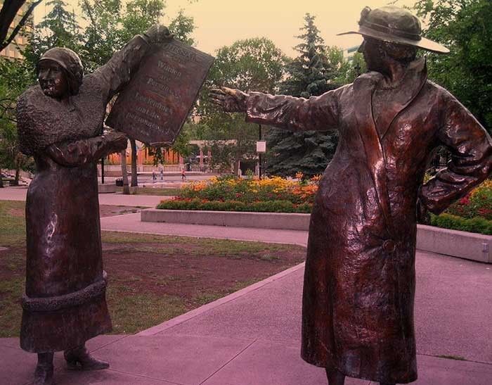 A statue of Nellie McClung and Agnes MacPhail who were at the forefront of women's suffrage in Canada.